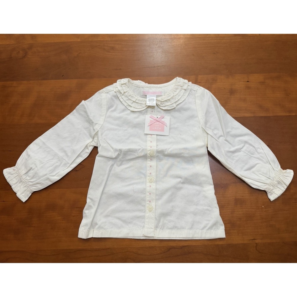 Janie and Jack Girls White Cotton Long Sleeve Collared Button Ruffle 12-18M